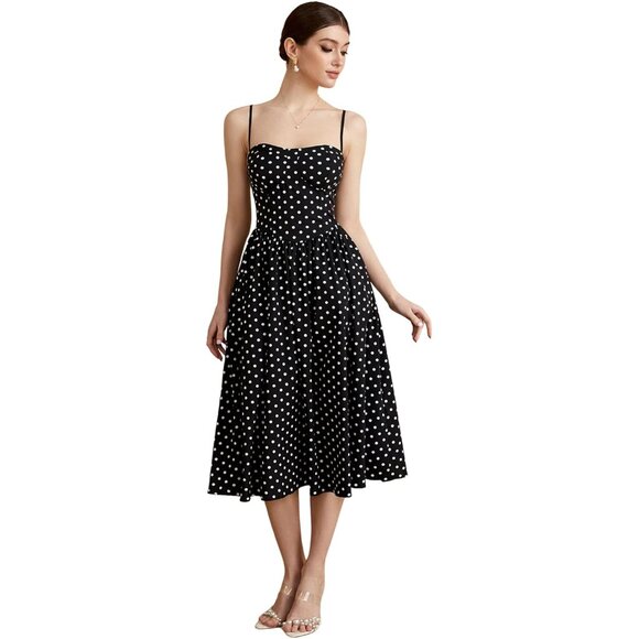 Women's Polka Dot Flared Midi Dress Sleeveless Vintage Party Wear